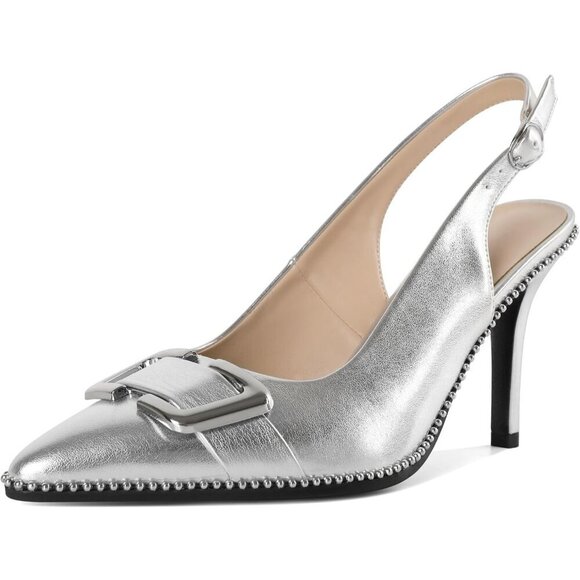 🆕Women Sliver Stiletto High Heels Pointed Toe Pumps Beaded Metal Buckle Shoes - Picture 1 of 7